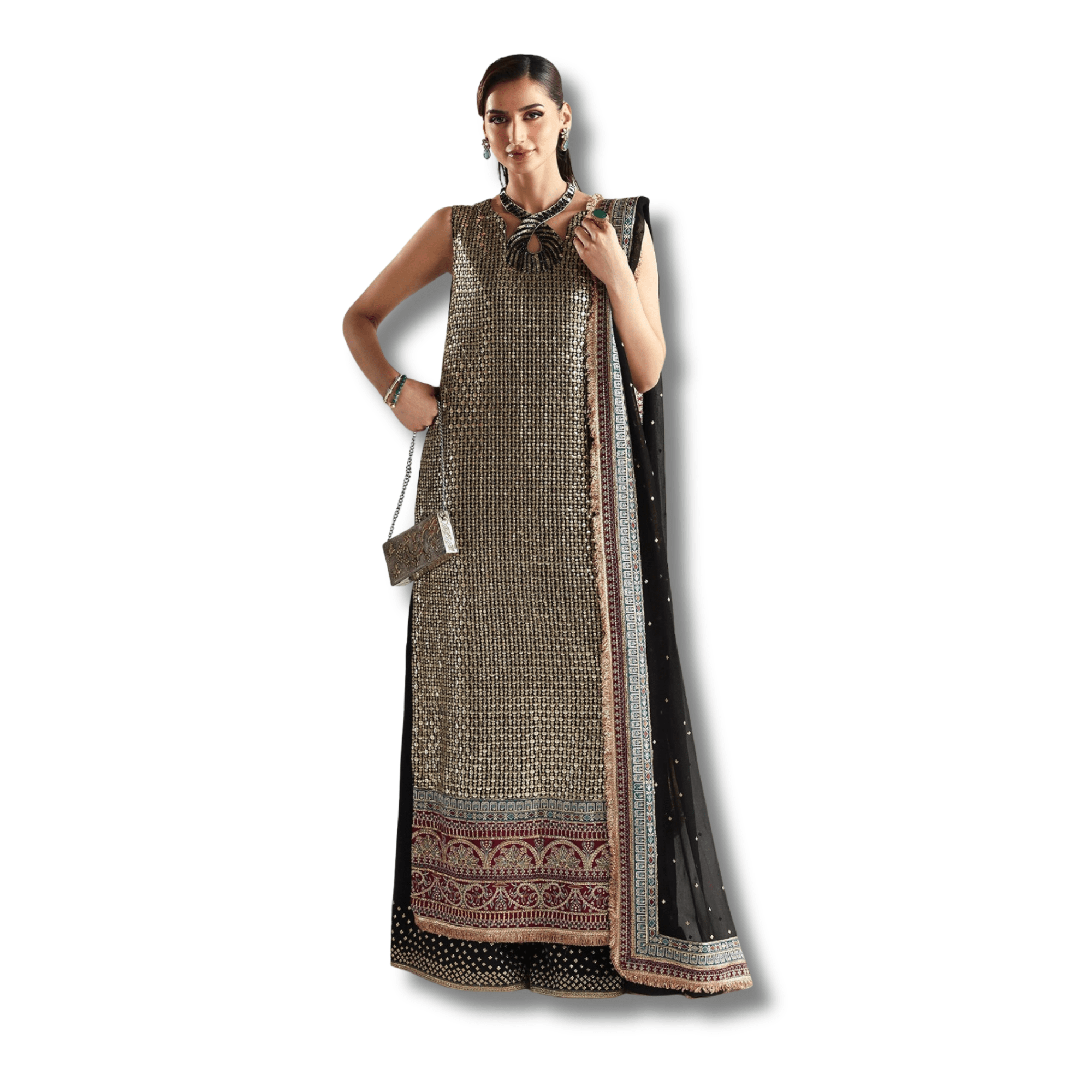 • Clothing: Embroidered/Printed suit for women - Made of best quality fabric - lawn or linen or chiffon - pure silk - Available at Najma Designs & Co. • Jewelry: Gold - plated stud earrings for
