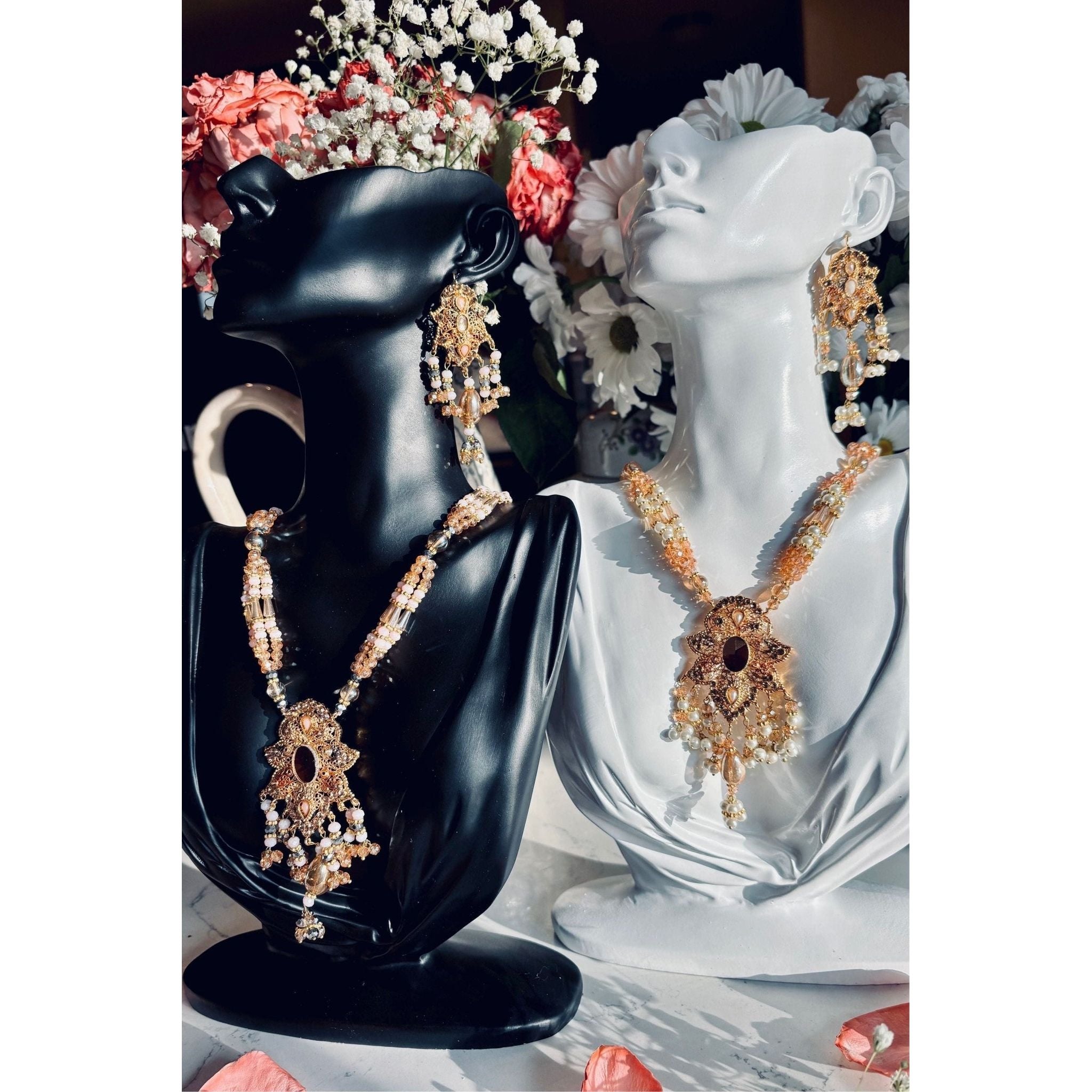 MOH-E-MEER Traditional Mala Set in Pink and Pearl, Perfect for Hijabis and Brides, Elegant Indian Jewelry for Formal Wear, Adds a Touch of Grace and Sophistication, Cultural Jewelry, Ready to Ship