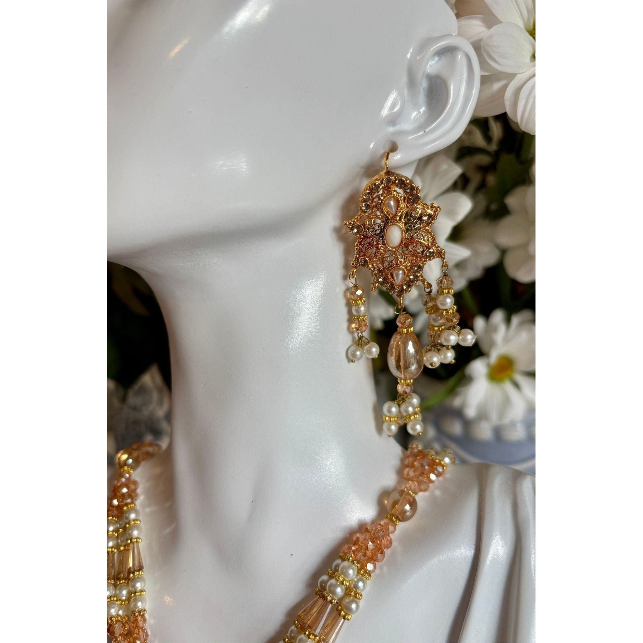 MOH-E-MEER Traditional Mala Set in Pink and Pearl, Perfect for Hijabis and Brides, Elegant Indian Jewelry for Formal Wear, Adds a Touch of Grace and Sophistication, Cultural Jewelry, Ready to Ship