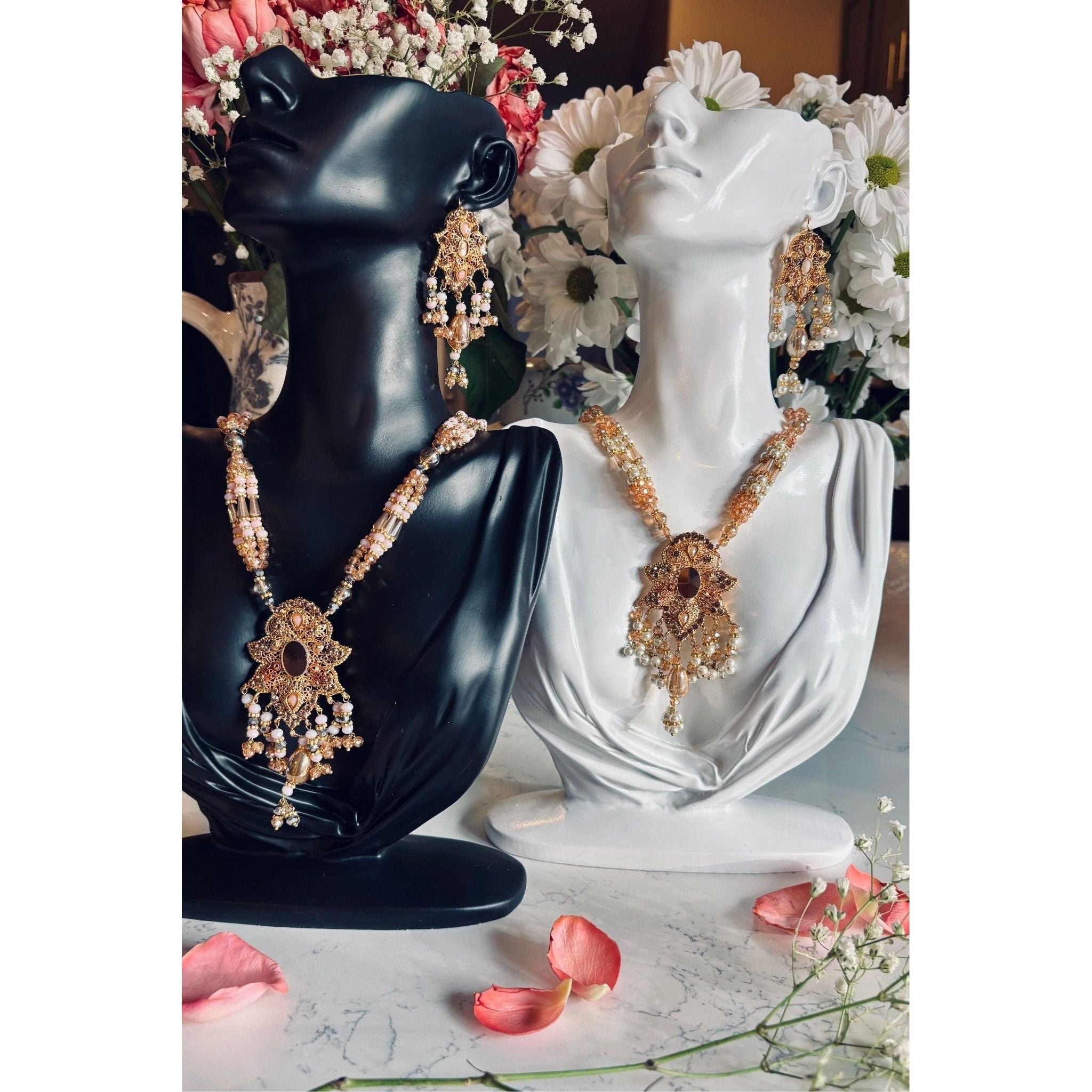 MOH-E-MEER Traditional Mala Set in Pink and Pearl, Perfect for Hijabis and Brides, Elegant Indian Jewelry for Formal Wear, Adds a Touch of Grace and Sophistication, Cultural Jewelry, Ready to Ship