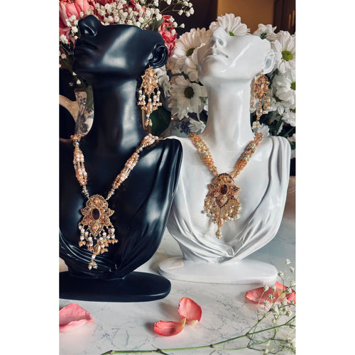 MOH-E-MEER Traditional Mala Set in Pink and Pearl, Perfect for Hijabis and Brides, Elegant Indian Jewelry for Formal Wear, Adds a Touch of Grace and Sophistication, Cultural Jewelry, Ready to Ship
