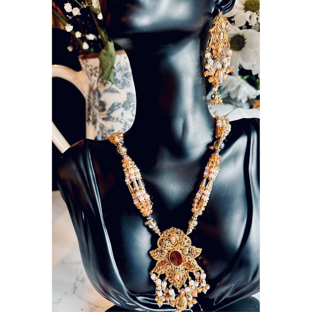 MOH-E-MEER Traditional Mala Set in Pink and Pearl, Perfect for Hijabis and Brides, Elegant Indian Jewelry for Formal Wear, Adds a Touch of Grace and Sophistication, Cultural Jewelry, Ready to Ship