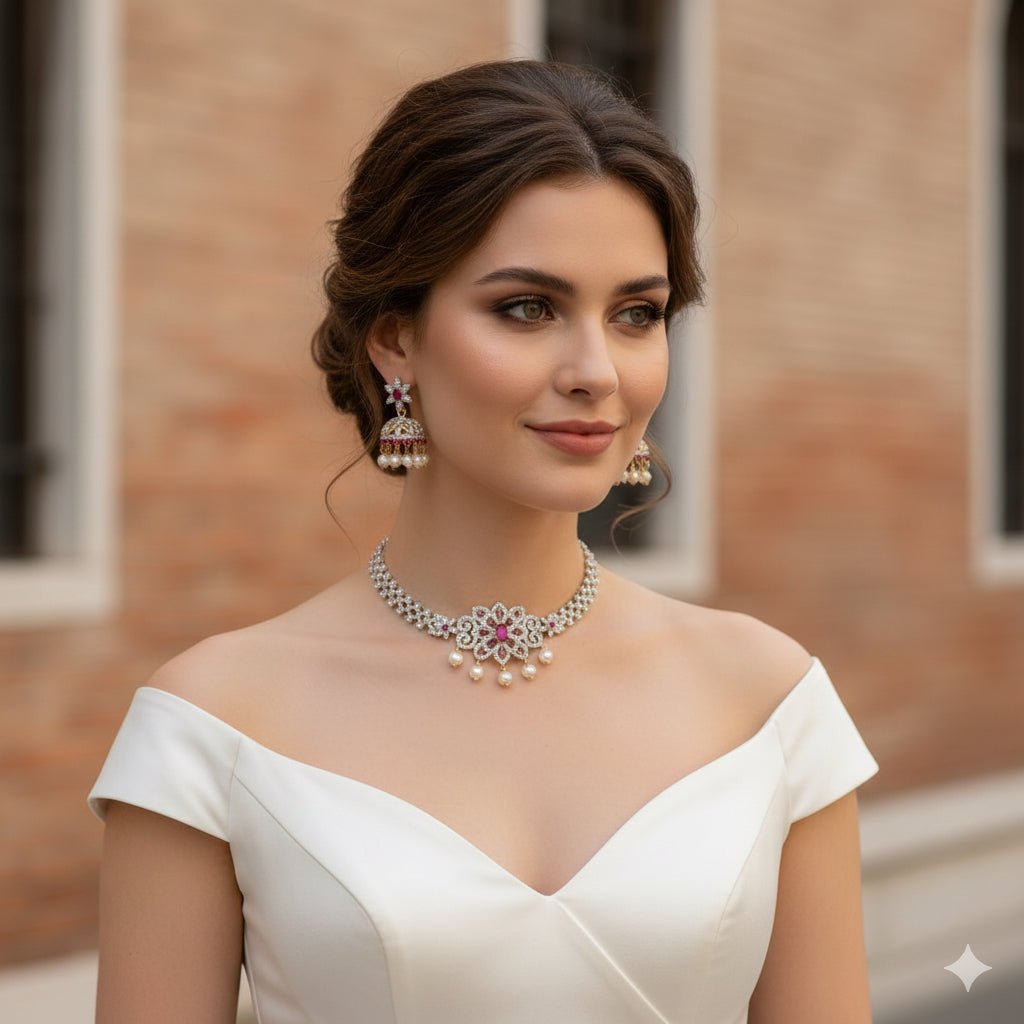 • Clothing: Embroidered/Printed suit for women - Made of best quality fabric - lawn or linen or chiffon - pure silk - Available at Najma Designs & Co. • Jewelry: Gold - plated stud earrings for