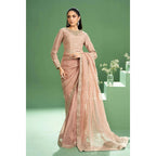 Maria B Embroidered Saree Set in Peach Color - Hand Embellished Boat Neck Blouse with Organza Border, Pink Raw Silk Saree with Mukaish & Sequins Embroidery, Crystals & Pearls Embellishment, Regular Fit, Dry Clean Only, Model Wearing XS Size