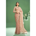 Maria B Embroidered Saree Set in Peach Color - Hand Embellished Boat Neck Blouse with Organza Border, Pink Raw Silk Saree with Mukaish & Sequins Embroidery, Crystals & Pearls Embellishment, Regular Fit, Dry Clean Only, Model Wearing XS Size