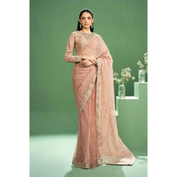 Maria B Embroidered Saree Set in Peach Color - Hand Embellished Boat Neck Blouse with Organza Border, Pink Raw Silk Saree with Mukaish & Sequins Embroidery, Crystals & Pearls Embellishment, Regular Fit, Dry Clean Only, Model Wearing XS Size
