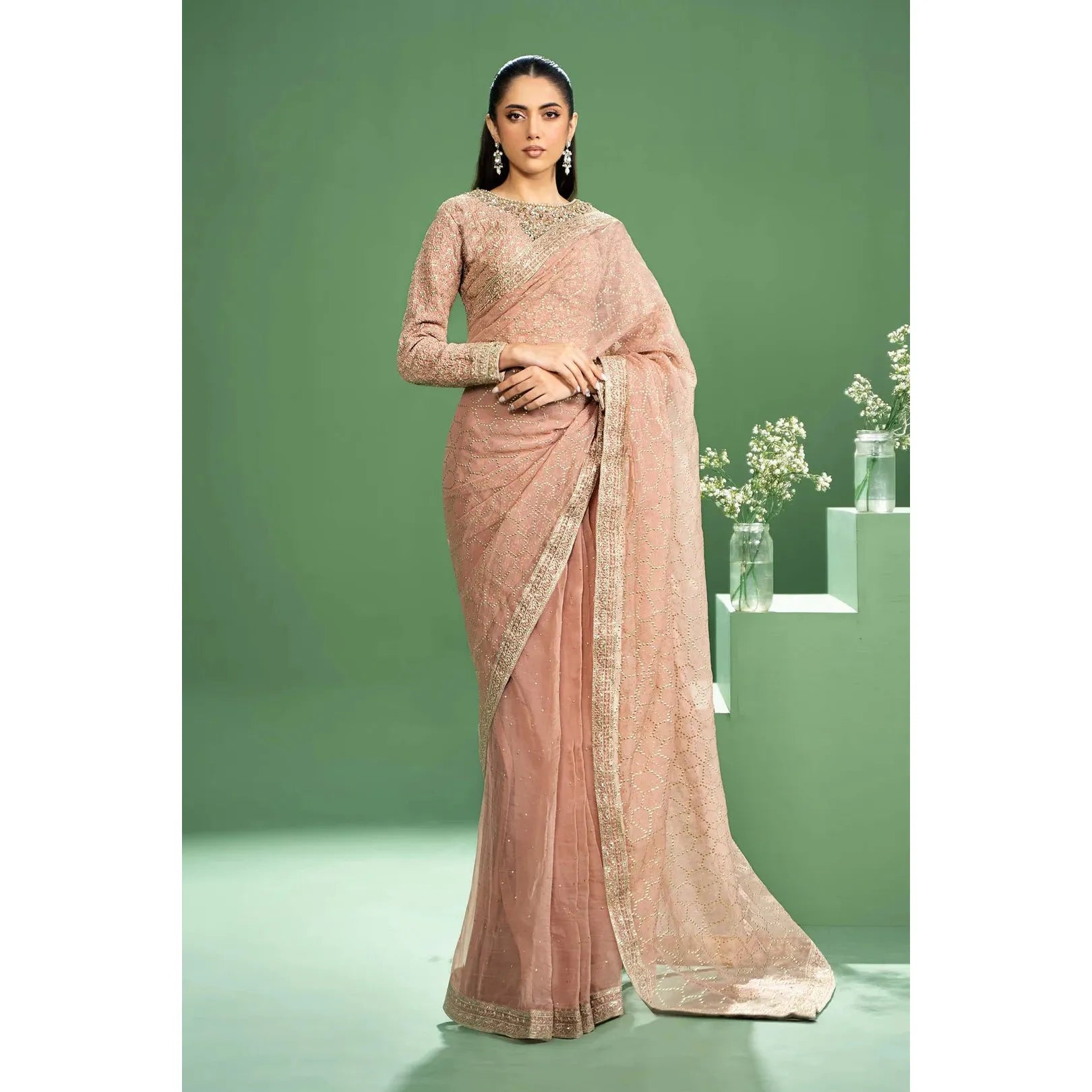 Maria B Embroidered Saree Set in Peach Color - Hand Embellished Boat Neck Blouse with Organza Border, Pink Raw Silk Saree with Mukaish & Sequins Embroidery, Crystals & Pearls Embellishment, Regular Fit, Dry Clean Only, Model Wearing XS Size