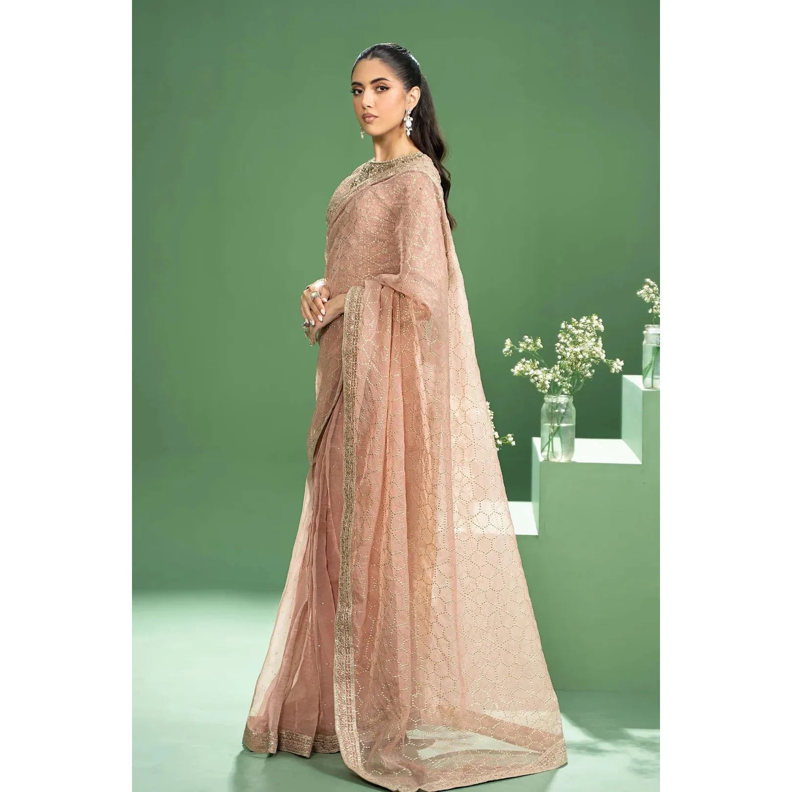Maria B Embroidered Saree Set in Peach Color - Hand Embellished Boat Neck Blouse with Organza Border, Pink Raw Silk Saree with Mukaish & Sequins Embroidery, Crystals & Pearls Embellishment, Regular Fit, Dry Clean Only, Model Wearing XS Size