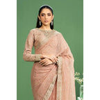 Maria B Embroidered Saree Set in Peach Color - Hand Embellished Boat Neck Blouse with Organza Border, Pink Raw Silk Saree with Mukaish & Sequins Embroidery, Crystals & Pearls Embellishment, Regular Fit, Dry Clean Only, Model Wearing XS Size