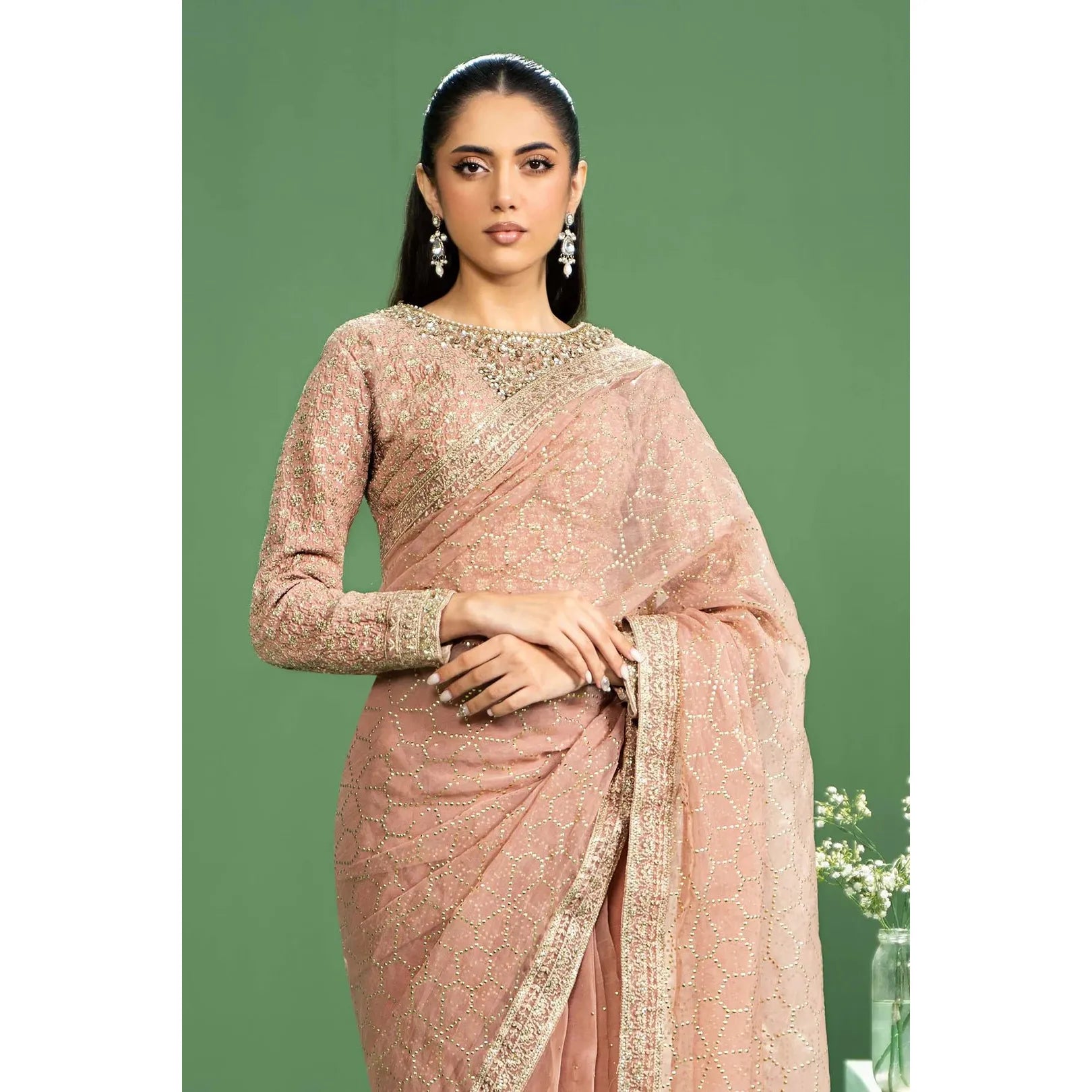 Maria B Embroidered Saree Set in Peach Color - Hand Embellished Boat Neck Blouse with Organza Border, Pink Raw Silk Saree with Mukaish & Sequins Embroidery, Crystals & Pearls Embellishment, Regular Fit, Dry Clean Only, Model Wearing XS Size