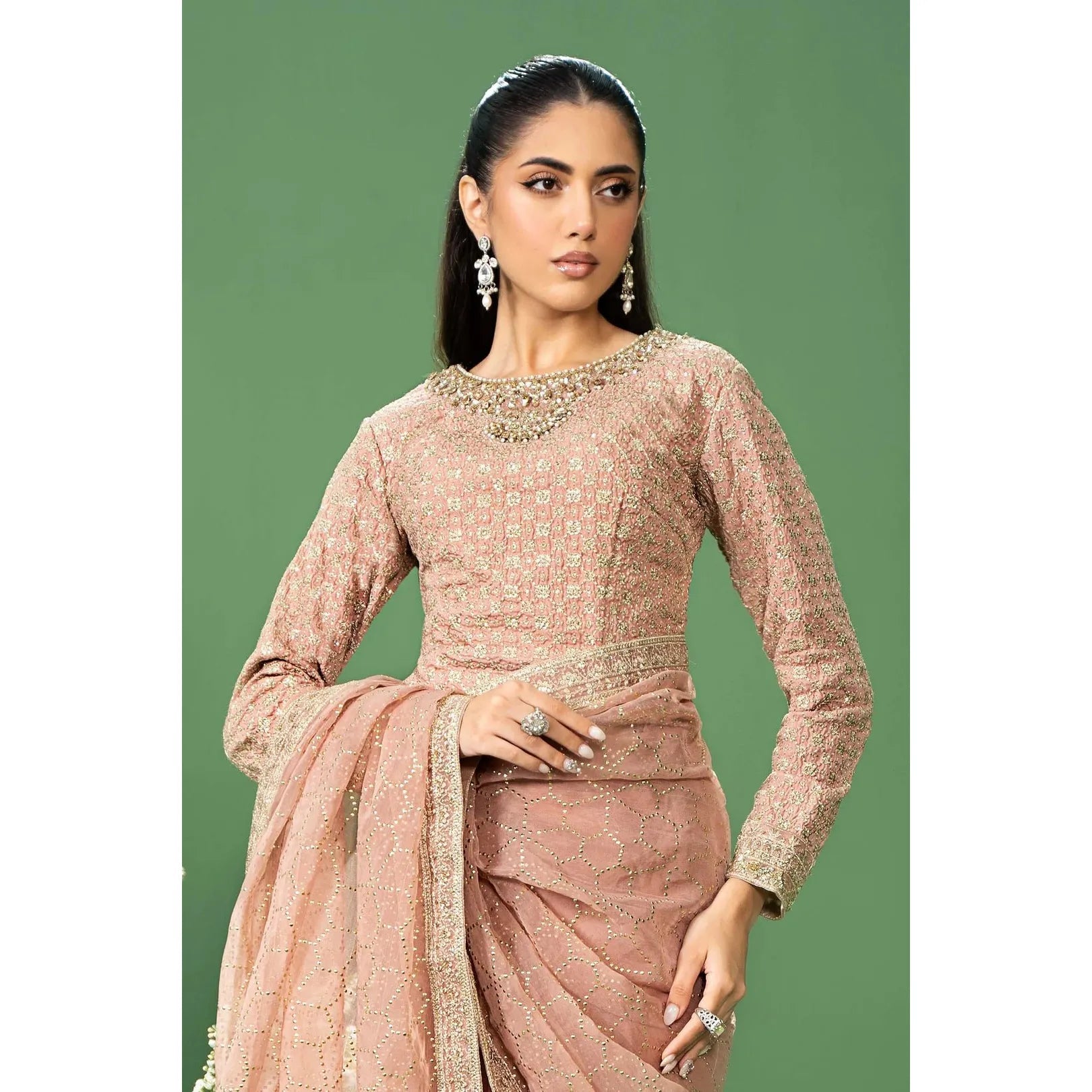 Maria B Embroidered Saree Set in Peach Color - Hand Embellished Boat Neck Blouse with Organza Border, Pink Raw Silk Saree with Mukaish & Sequins Embroidery, Crystals & Pearls Embellishment, Regular Fit, Dry Clean Only, Model Wearing XS Size