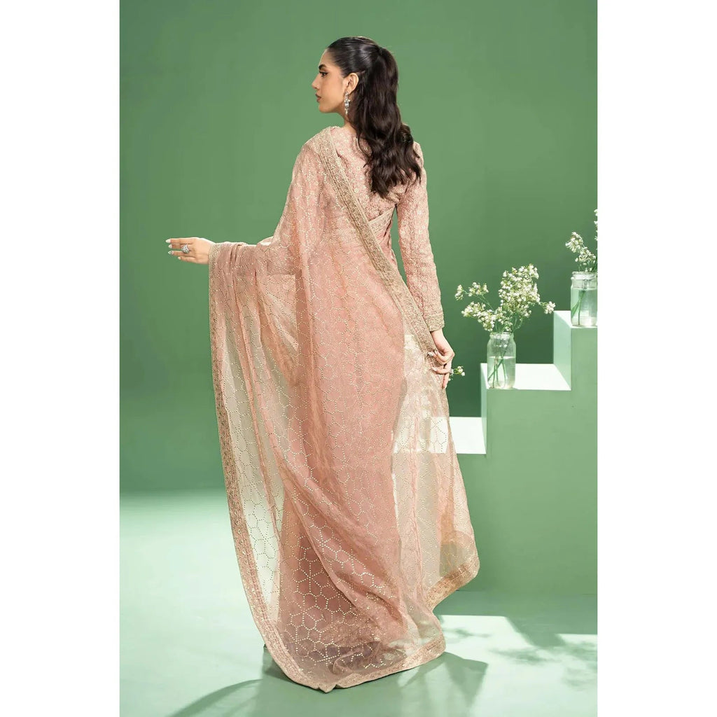 Maria B Embroidered Saree Set in Peach Color - Hand Embellished Boat Neck Blouse with Organza Border, Pink Raw Silk Saree with Mukaish & Sequins Embroidery, Crystals & Pearls Embellishment, Regular Fit, Dry Clean Only, Model Wearing XS Size