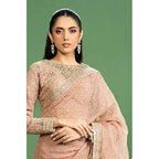 Maria B Embroidered Saree Set in Peach Color - Hand Embellished Boat Neck Blouse with Organza Border, Pink Raw Silk Saree with Mukaish & Sequins Embroidery, Crystals & Pearls Embellishment, Regular Fit, Dry Clean Only, Model Wearing XS Size