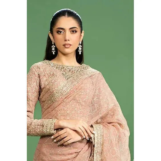 Maria B Embroidered Saree Set in Peach Color - Hand Embellished Boat Neck Blouse with Organza Border, Pink Raw Silk Saree with Mukaish & Sequins Embroidery, Crystals & Pearls Embellishment, Regular Fit, Dry Clean Only, Model Wearing XS Size