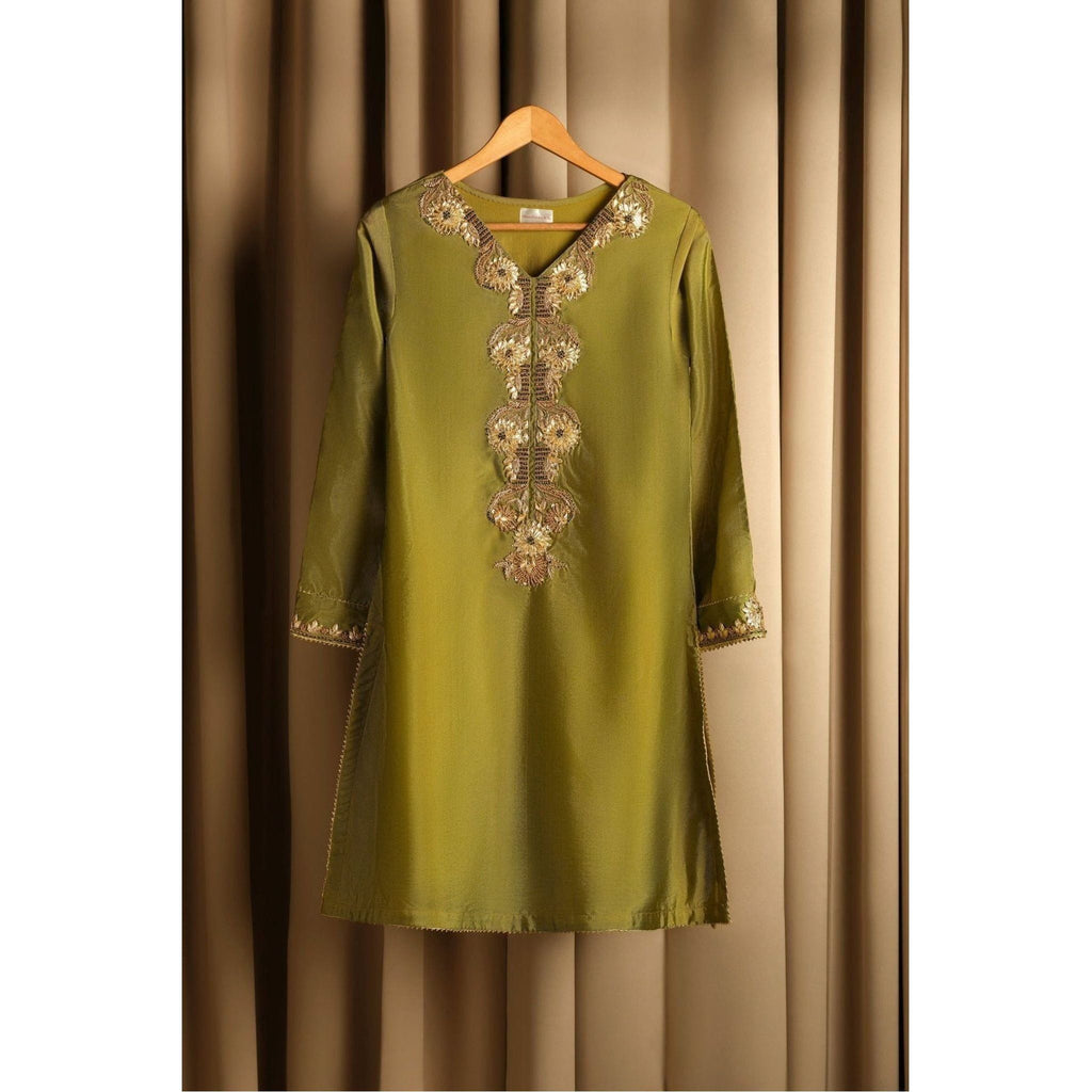 Mehndi-colored silk hand-embroidered gota gharara suit with crystal work.