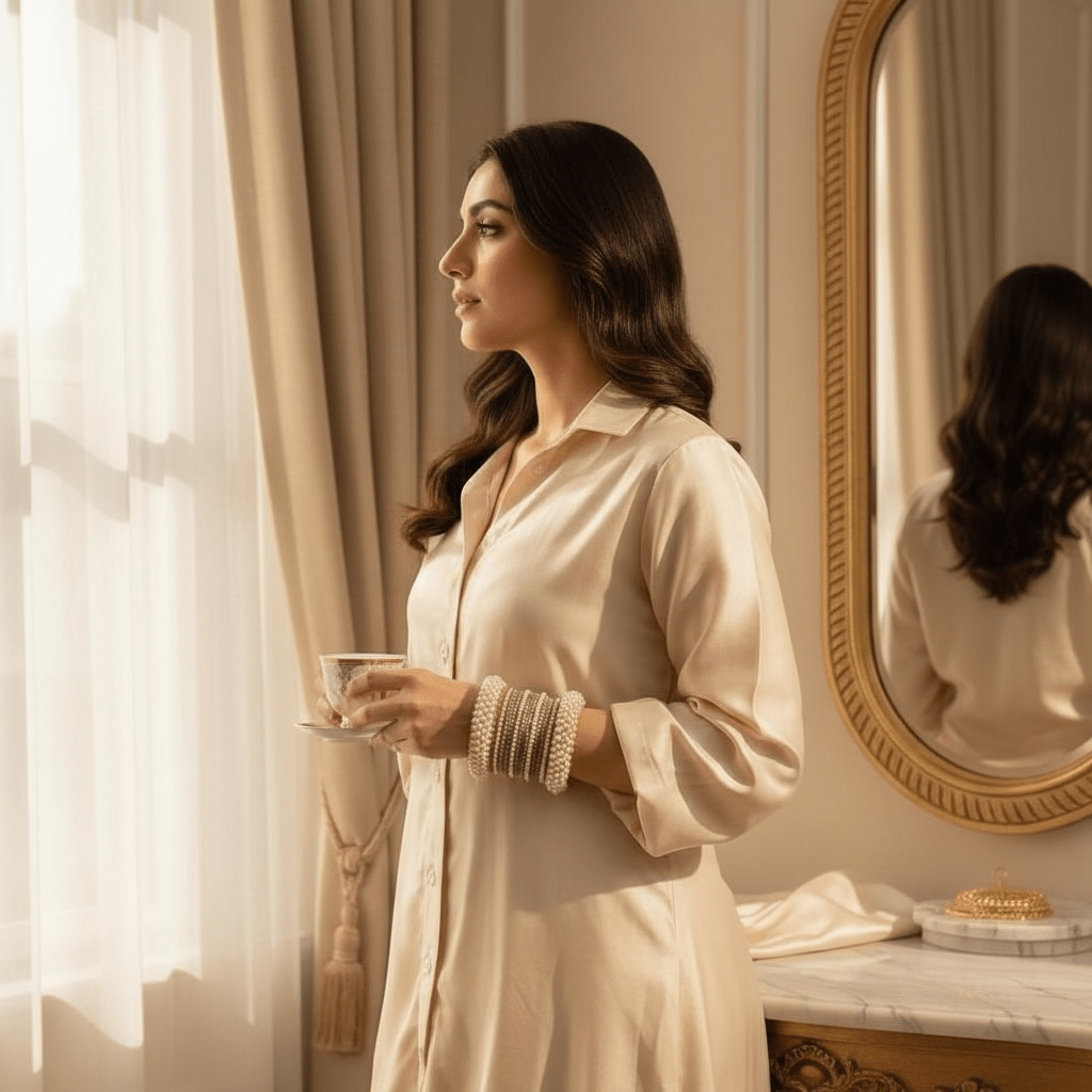 • Clothing: Embroidered/Printed suit for women - Made of best quality fabric - lawn or linen or chiffon - pure silk - Available at Najma Designs & Co. • Jewelry: Gold - plated stud earrings for