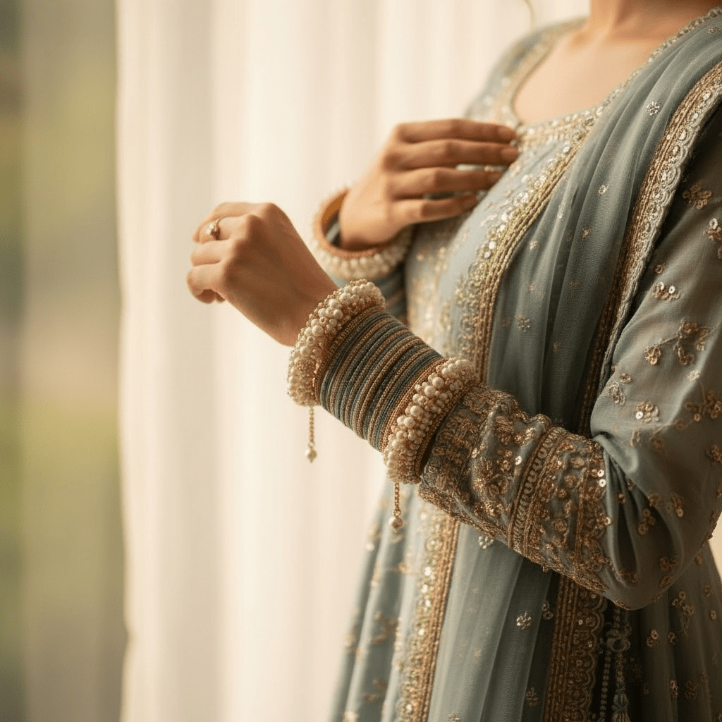 • Clothing: Embroidered/Printed suit for women - Made of best quality fabric - lawn or linen or chiffon - pure silk - Available at Najma Designs & Co. • Jewelry: Gold - plated stud earrings for