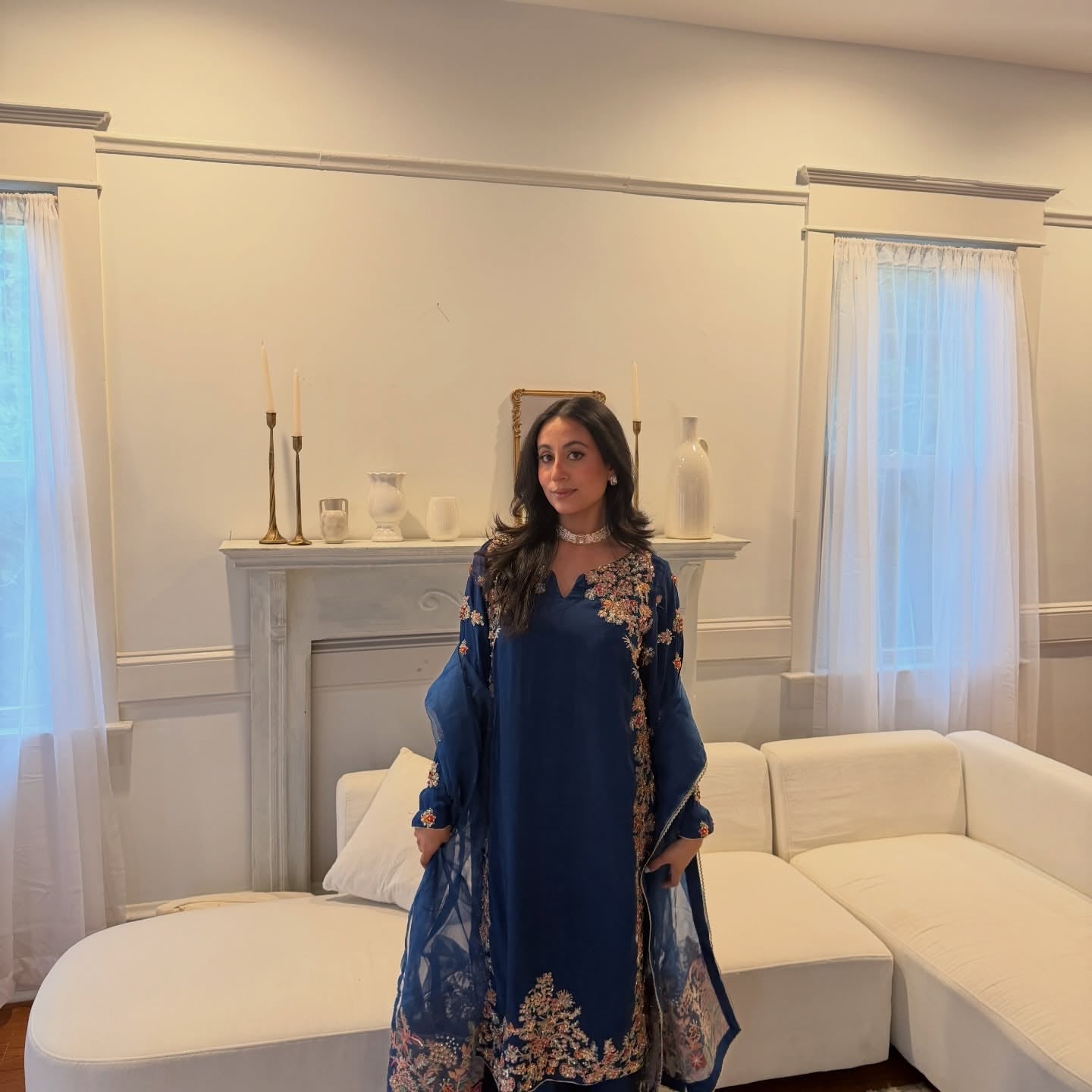 • Clothing: Embroidered/Printed suit for women - Made of best quality fabric - lawn or linen or chiffon - pure silk - Available at Najma Designs & Co. • Jewelry: Gold - plated stud earrings for