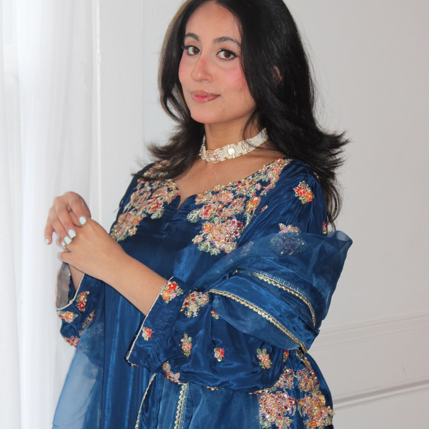 • Clothing: Embroidered/Printed suit for women - Made of best quality fabric - lawn or linen or chiffon - pure silk - Available at Najma Designs & Co. • Jewelry: Gold - plated stud earrings for