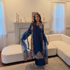• Clothing: Embroidered/Printed suit for women - Made of best quality fabric - lawn or linen or chiffon - pure silk - Available at Najma Designs & Co. • Jewelry: Gold - plated stud earrings for