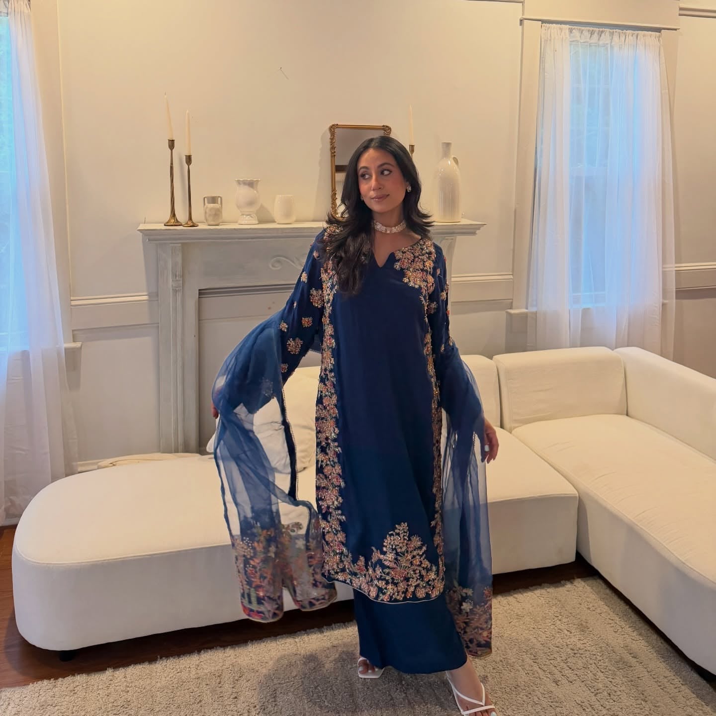 • Clothing: Embroidered/Printed suit for women - Made of best quality fabric - lawn or linen or chiffon - pure silk - Available at Najma Designs & Co. • Jewelry: Gold - plated stud earrings for