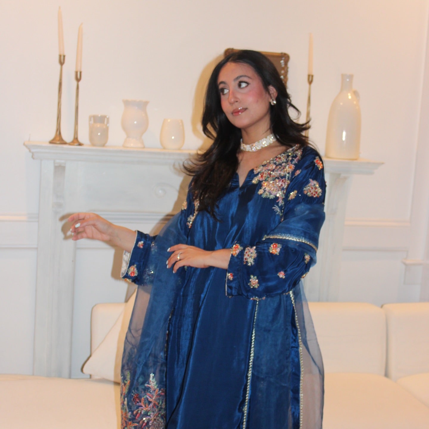 • Clothing: Embroidered/Printed suit for women - Made of best quality fabric - lawn or linen or chiffon - pure silk - Available at Najma Designs & Co. • Jewelry: Gold - plated stud earrings for
