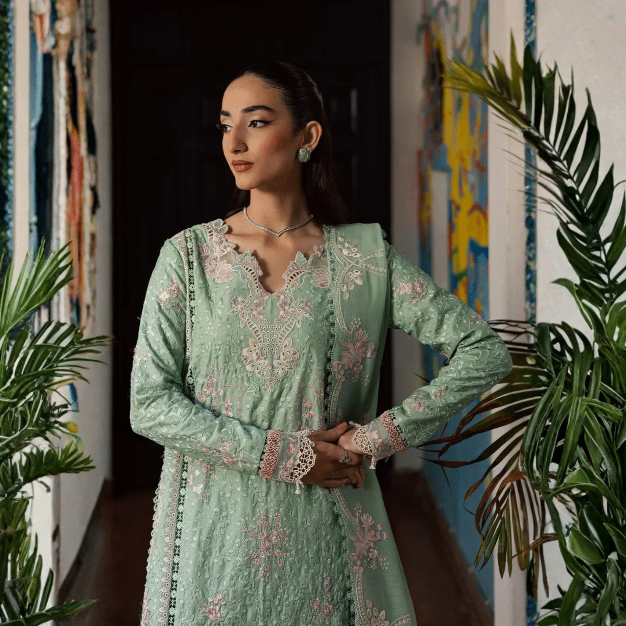 • Clothing: Embroidered/Printed suit for women - Made of best quality fabric - lawn or linen or chiffon - pure silk - Available at Najma Designs & Co. • Jewelry: Gold - plated stud earrings for