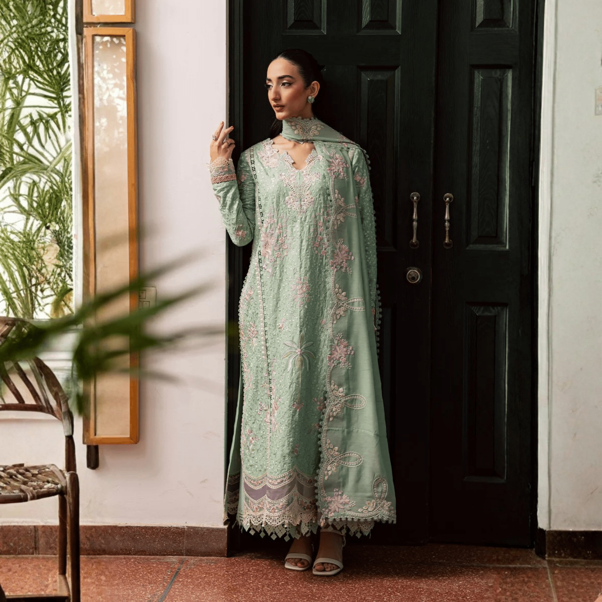 • Clothing: Embroidered/Printed suit for women - Made of best quality fabric - lawn or linen or chiffon - pure silk - Available at Najma Designs & Co. • Jewelry: Gold - plated stud earrings for