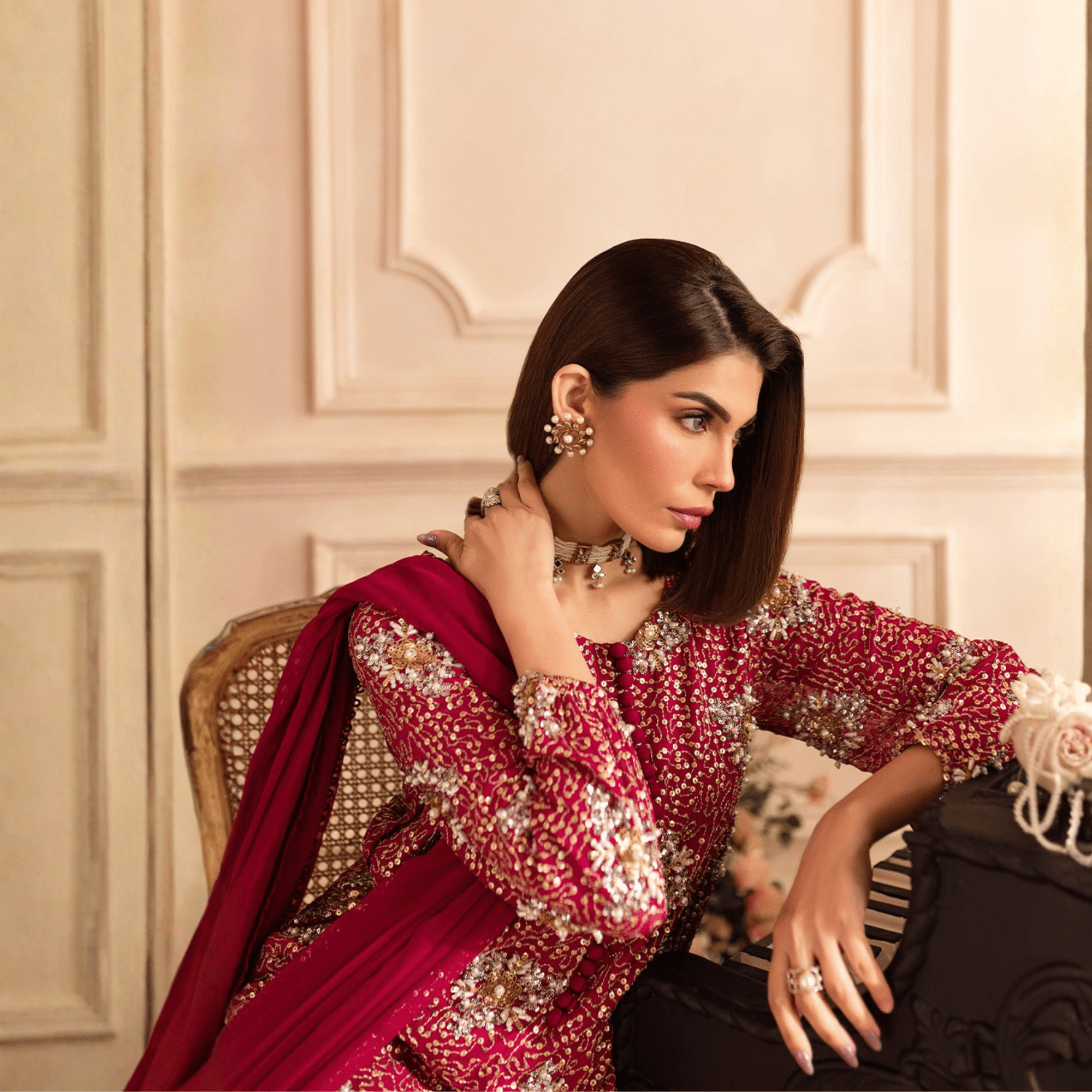 • Clothing: Embroidered/Printed suit for women - Made of best quality fabric - lawn or linen or chiffon - pure silk - Available at Najma Designs & Co. • Jewelry: Gold - plated stud earrings for