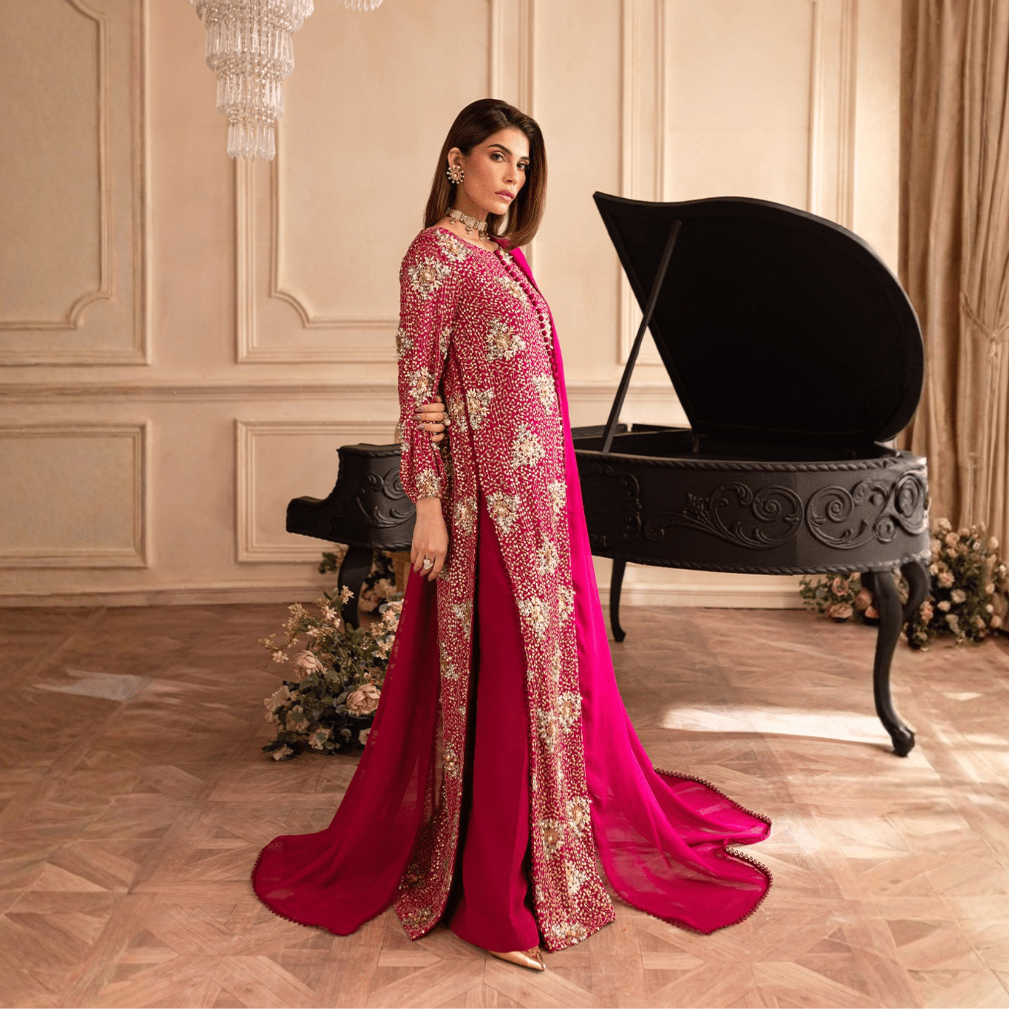 • Clothing: Embroidered/Printed suit for women - Made of best quality fabric - lawn or linen or chiffon - pure silk - Available at Najma Designs & Co. • Jewelry: Gold - plated stud earrings for