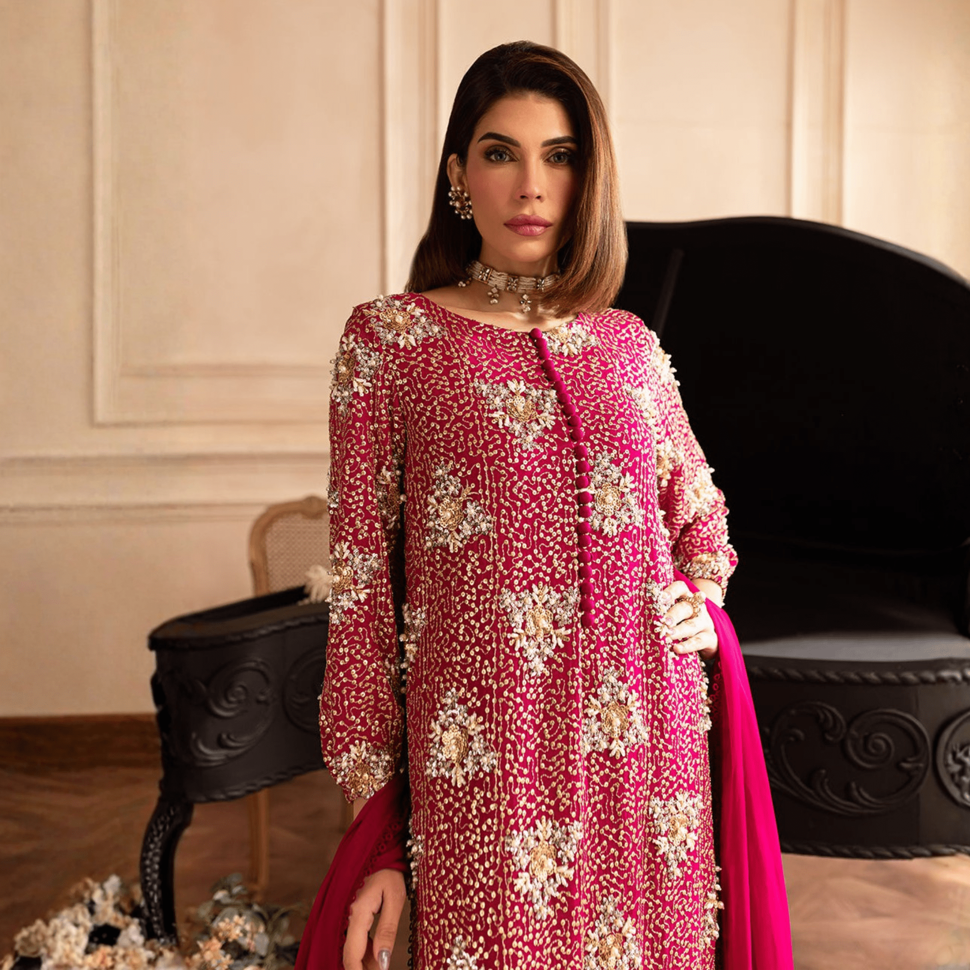 • Clothing: Embroidered/Printed suit for women - Made of best quality fabric - lawn or linen or chiffon - pure silk - Available at Najma Designs & Co. • Jewelry: Gold - plated stud earrings for