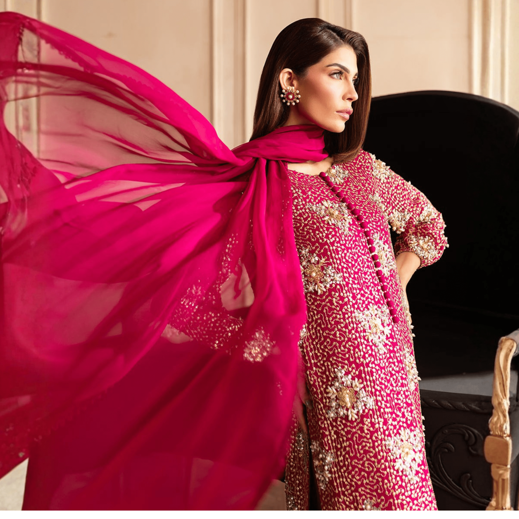 • Clothing: Embroidered/Printed suit for women - Made of best quality fabric - lawn or linen or chiffon - pure silk - Available at Najma Designs & Co. • Jewelry: Gold - plated stud earrings for