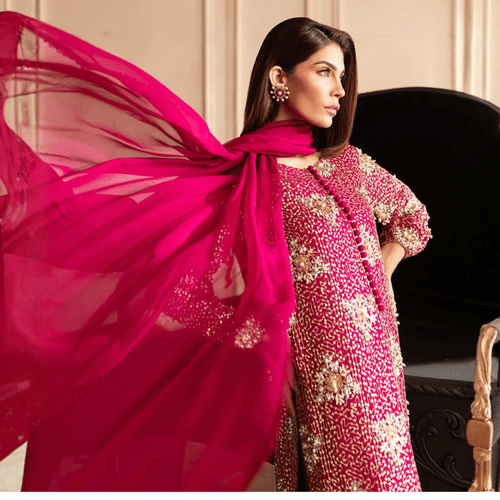 • Clothing: Embroidered/Printed suit for women - Made of best quality fabric - lawn or linen or chiffon - pure silk - Available at Najma Designs & Co. • Jewelry: Gold - plated stud earrings for