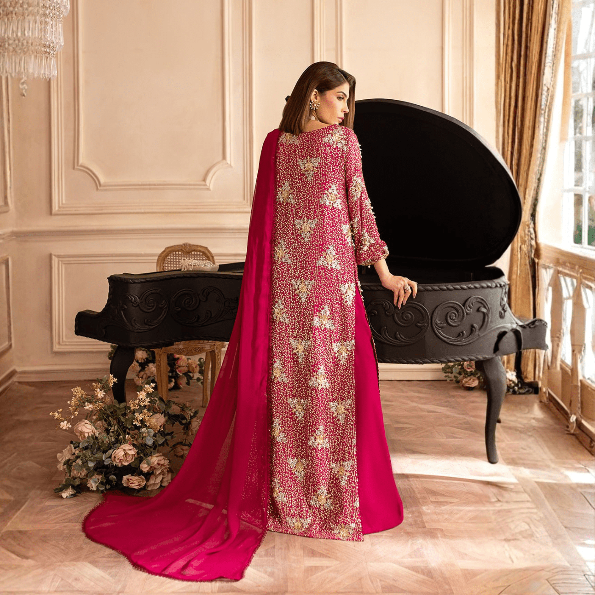 • Clothing: Embroidered/Printed suit for women - Made of best quality fabric - lawn or linen or chiffon - pure silk - Available at Najma Designs & Co. • Jewelry: Gold - plated stud earrings for