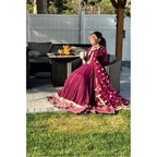 Formal gown in melberry color, net dupatta with Banarasi border. 