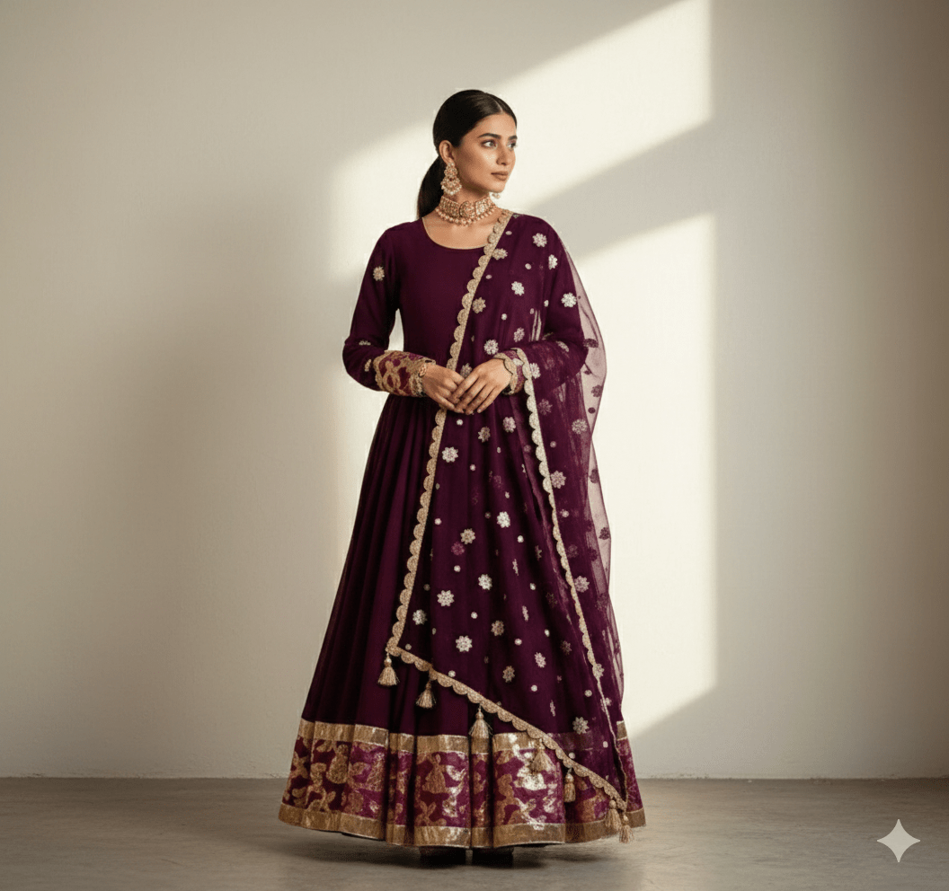 • Clothing: Embroidered/Printed suit for women - Made of best quality fabric - lawn or linen or chiffon - pure silk - Available at Najma Designs & Co. • Jewelry: Gold - plated stud earrings for