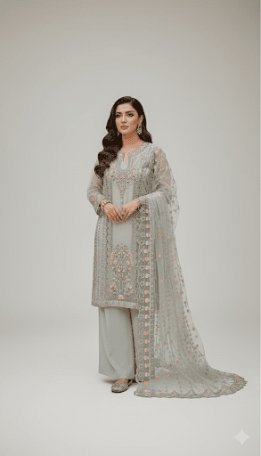 • Clothing: Embroidered/Printed suit for women - Made of best quality fabric - lawn or linen or chiffon - pure silk - Available at Najma Designs & Co. • Jewelry: Gold - plated stud earrings for