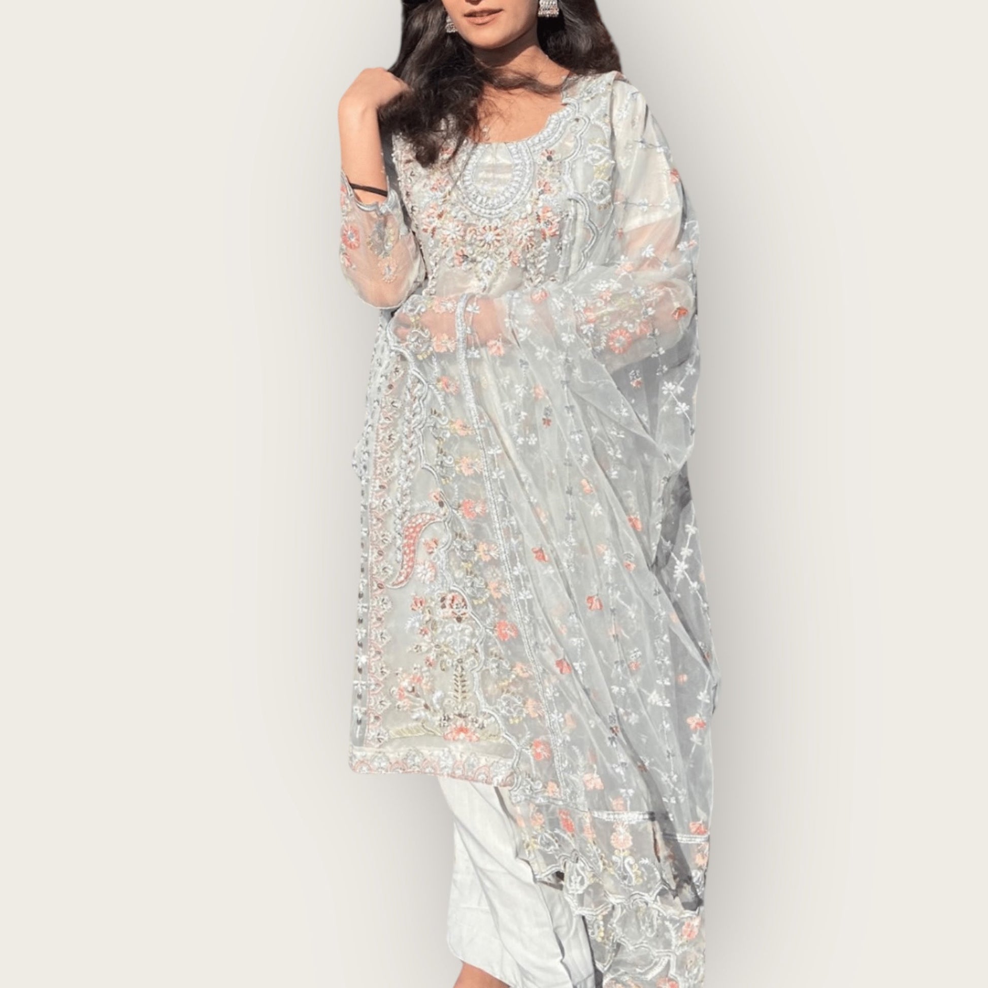 • Clothing: Embroidered/Printed suit for women - Made of best quality fabric - lawn or linen or chiffon - pure silk - Available at Najma Designs & Co. • Jewelry: Gold - plated stud earrings for