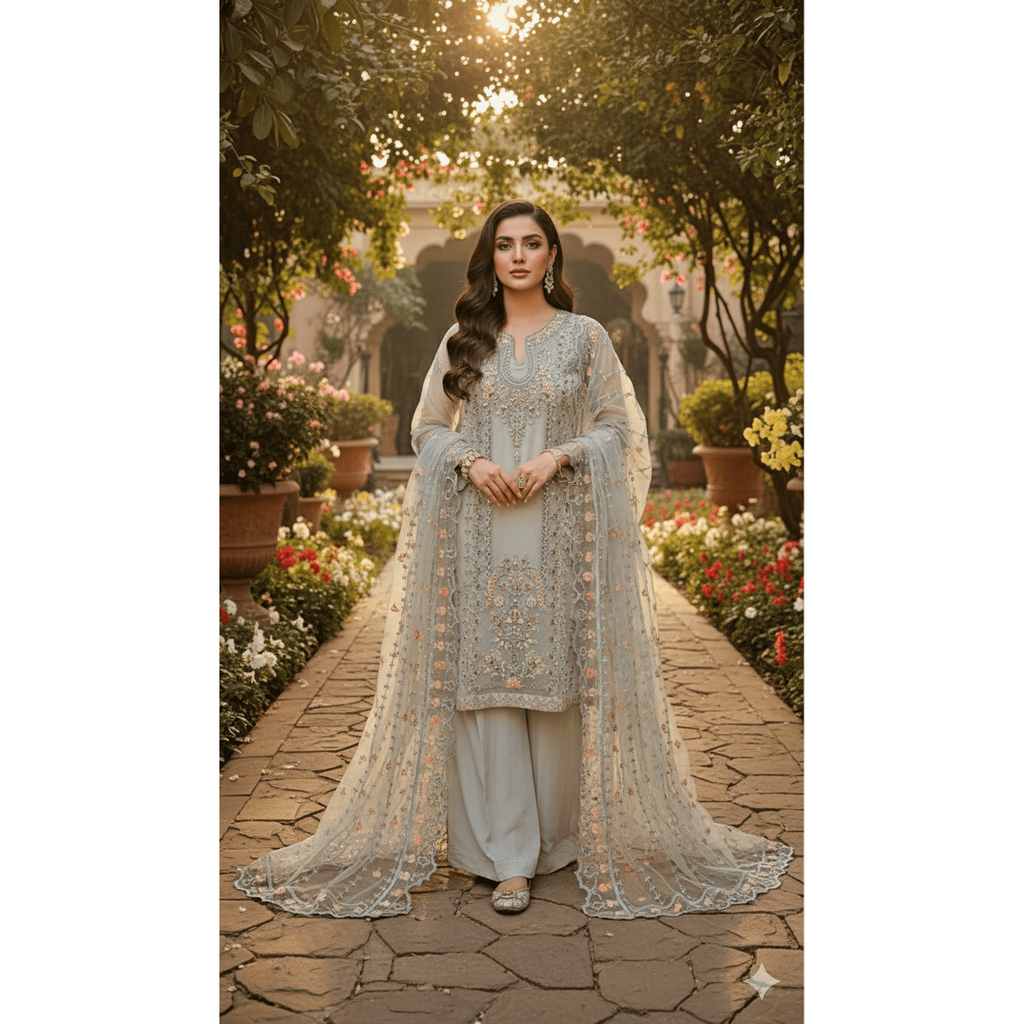 • Clothing: Embroidered/Printed suit for women - Made of best quality fabric - lawn or linen or chiffon - pure silk - Available at Najma Designs & Co. • Jewelry: Gold - plated stud earrings for