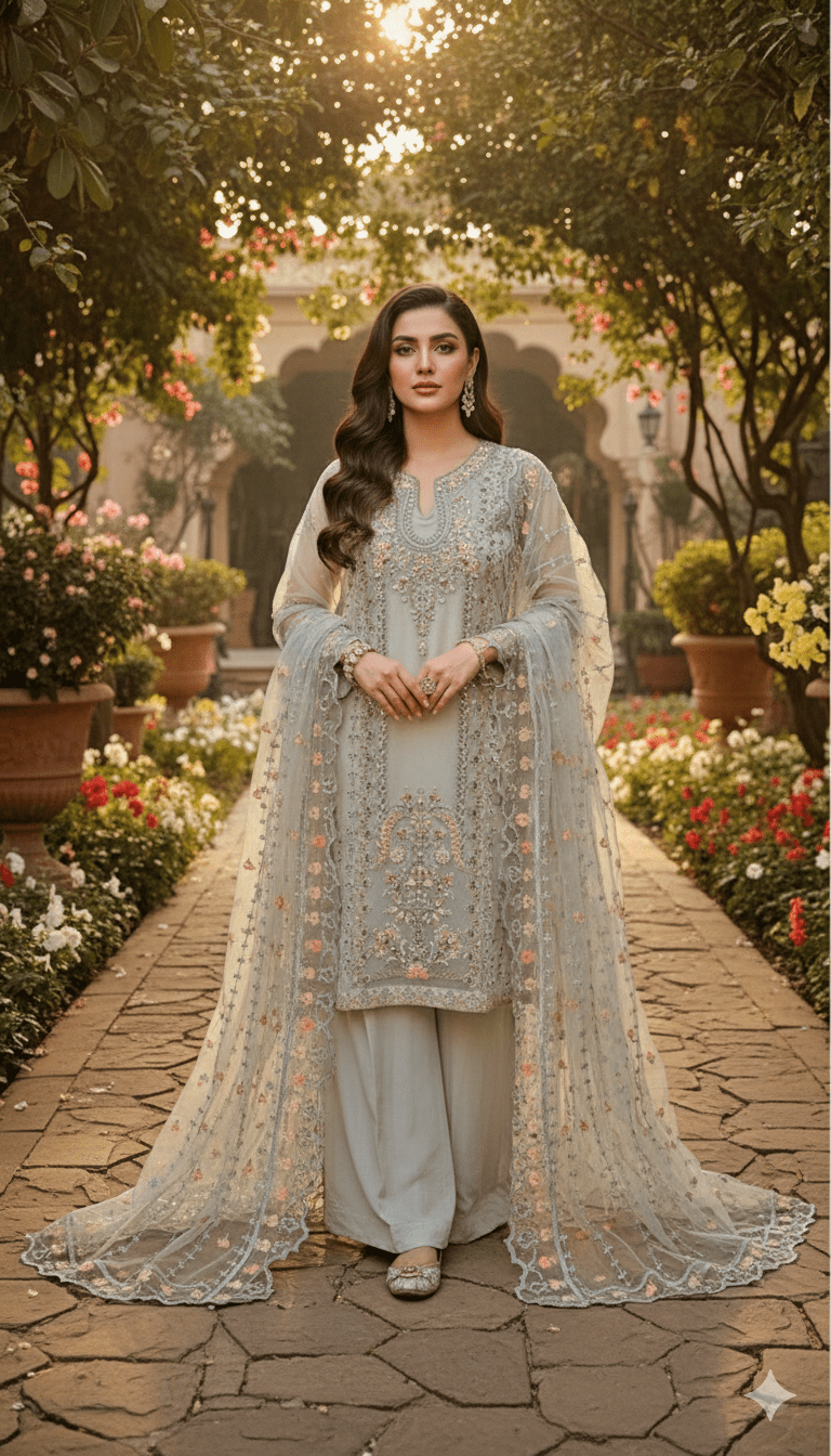 • Clothing: Embroidered/Printed suit for women - Made of best quality fabric - lawn or linen or chiffon - pure silk - Available at Najma Designs & Co. • Jewelry: Gold - plated stud earrings for