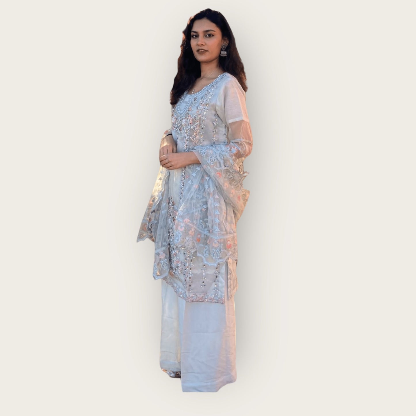 • Clothing: Embroidered/Printed suit for women - Made of best quality fabric - lawn or linen or chiffon - pure silk - Available at Najma Designs & Co. • Jewelry: Gold - plated stud earrings for