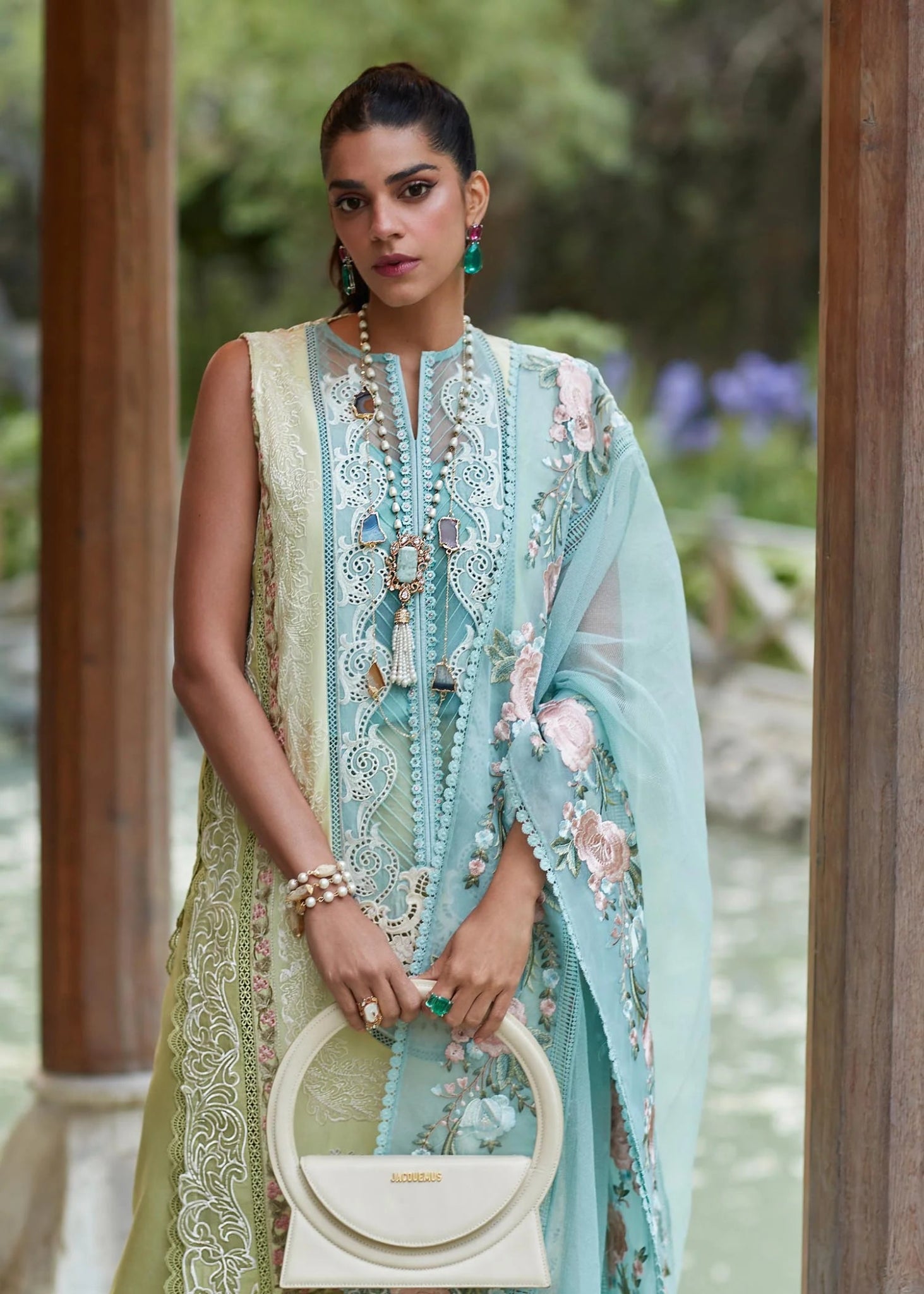 • Clothing: Embroidered/Printed suit for women - Made of best quality fabric - lawn or linen or chiffon - pure silk - Available at Najma Designs & Co. • Jewelry: Gold - plated stud earrings for
