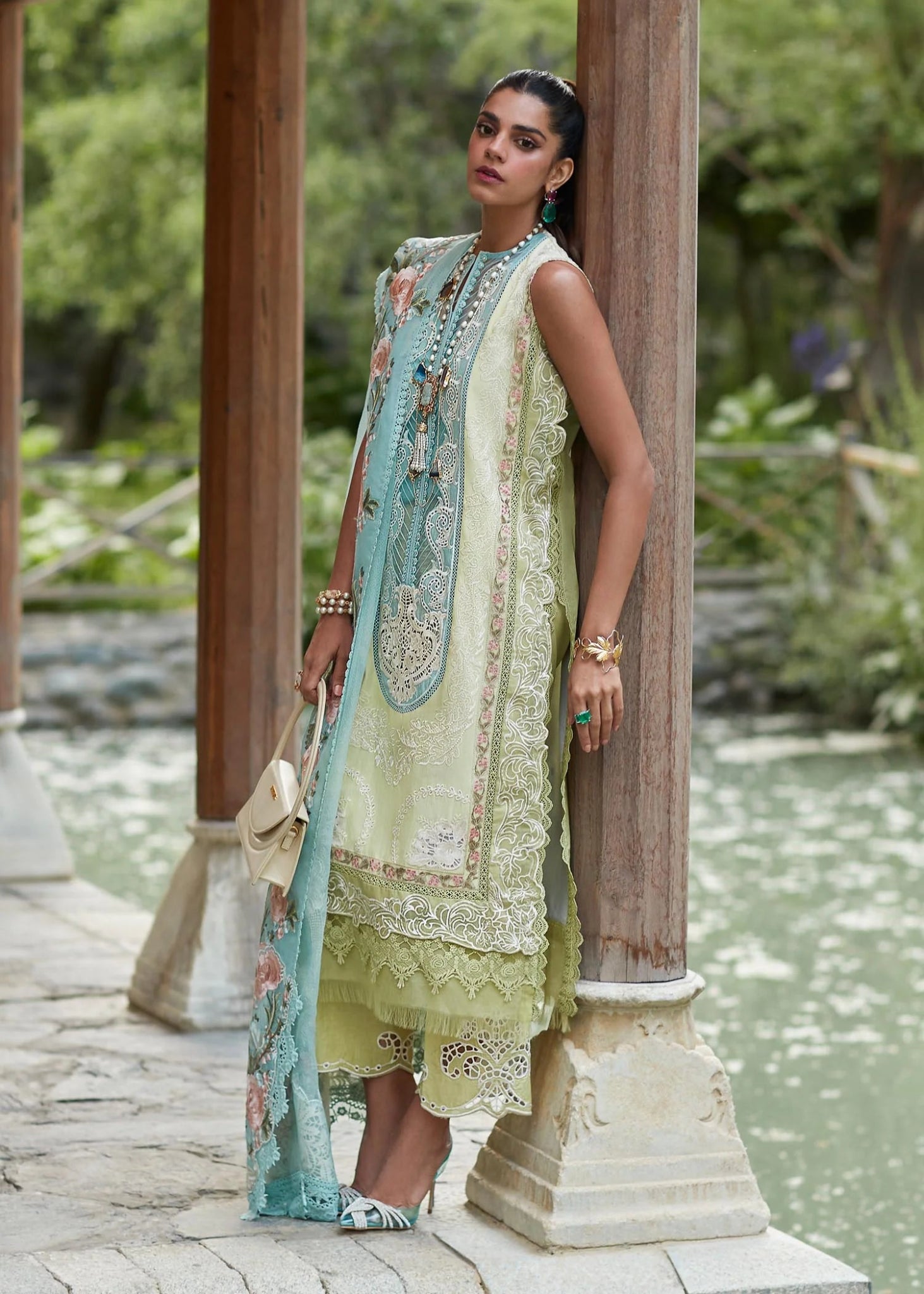 • Clothing: Embroidered/Printed suit for women - Made of best quality fabric - lawn or linen or chiffon - pure silk - Available at Najma Designs & Co. • Jewelry: Gold - plated stud earrings for
