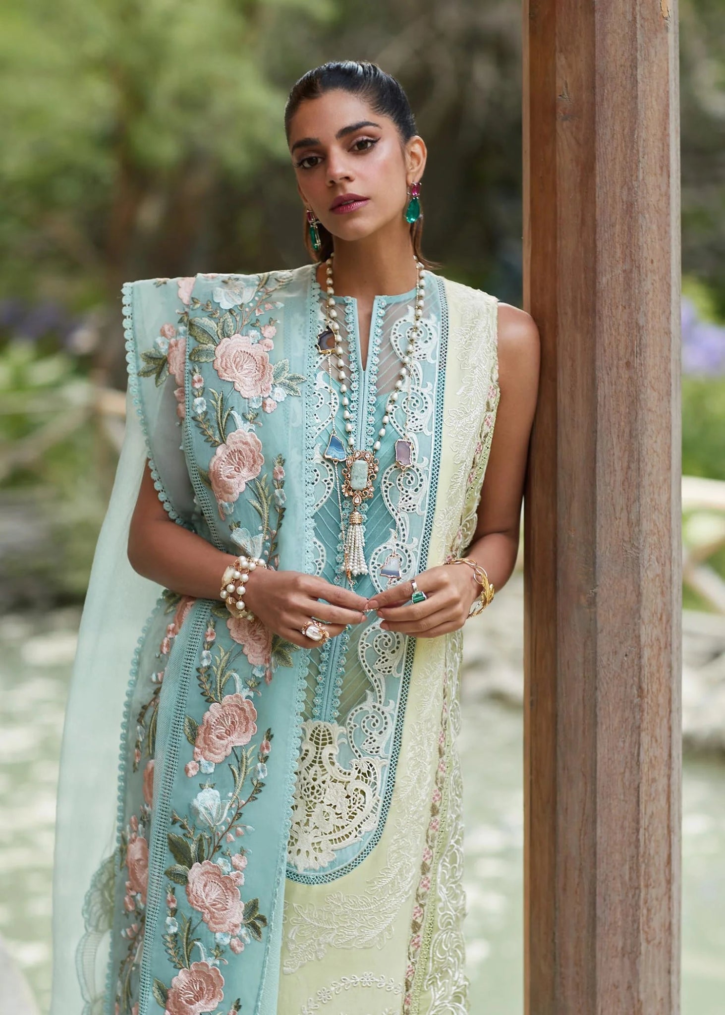 • Clothing: Embroidered/Printed suit for women - Made of best quality fabric - lawn or linen or chiffon - pure silk - Available at Najma Designs & Co. • Jewelry: Gold - plated stud earrings for