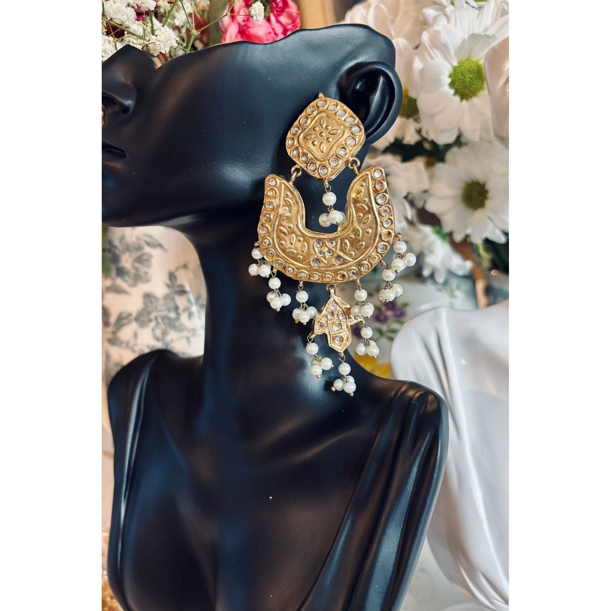 Multani Design Jhumka Earrings, Brass with Gold Plating, Elegant Gun Accents, Traditional Indian Jewelry, Heritage Earrings with a Sophisticated Look, Trending Pakistani and Indian Jewelry, Perfect for Cultural and Festive Occasions