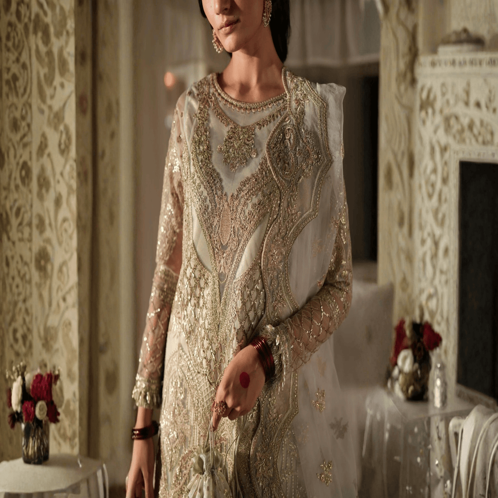 • Clothing: Embroidered/Printed suit for women - Made of best quality fabric - lawn or linen or chiffon - pure silk - Available at Najma Designs & Co. • Jewelry: Gold - plated stud earrings for