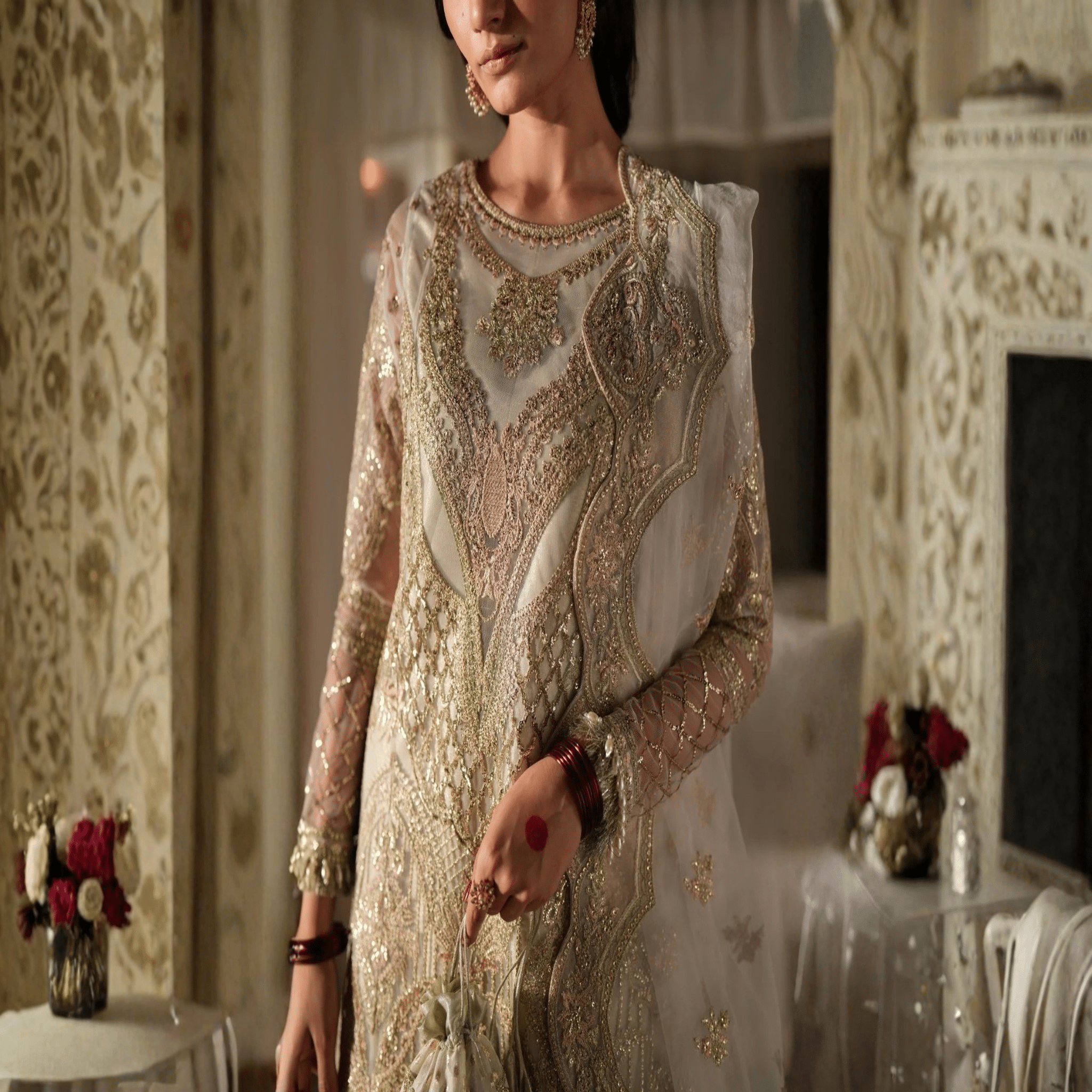 • Clothing: Embroidered/Printed suit for women - Made of best quality fabric - lawn or linen or chiffon - pure silk - Available at Najma Designs & Co. • Jewelry: Gold - plated stud earrings for