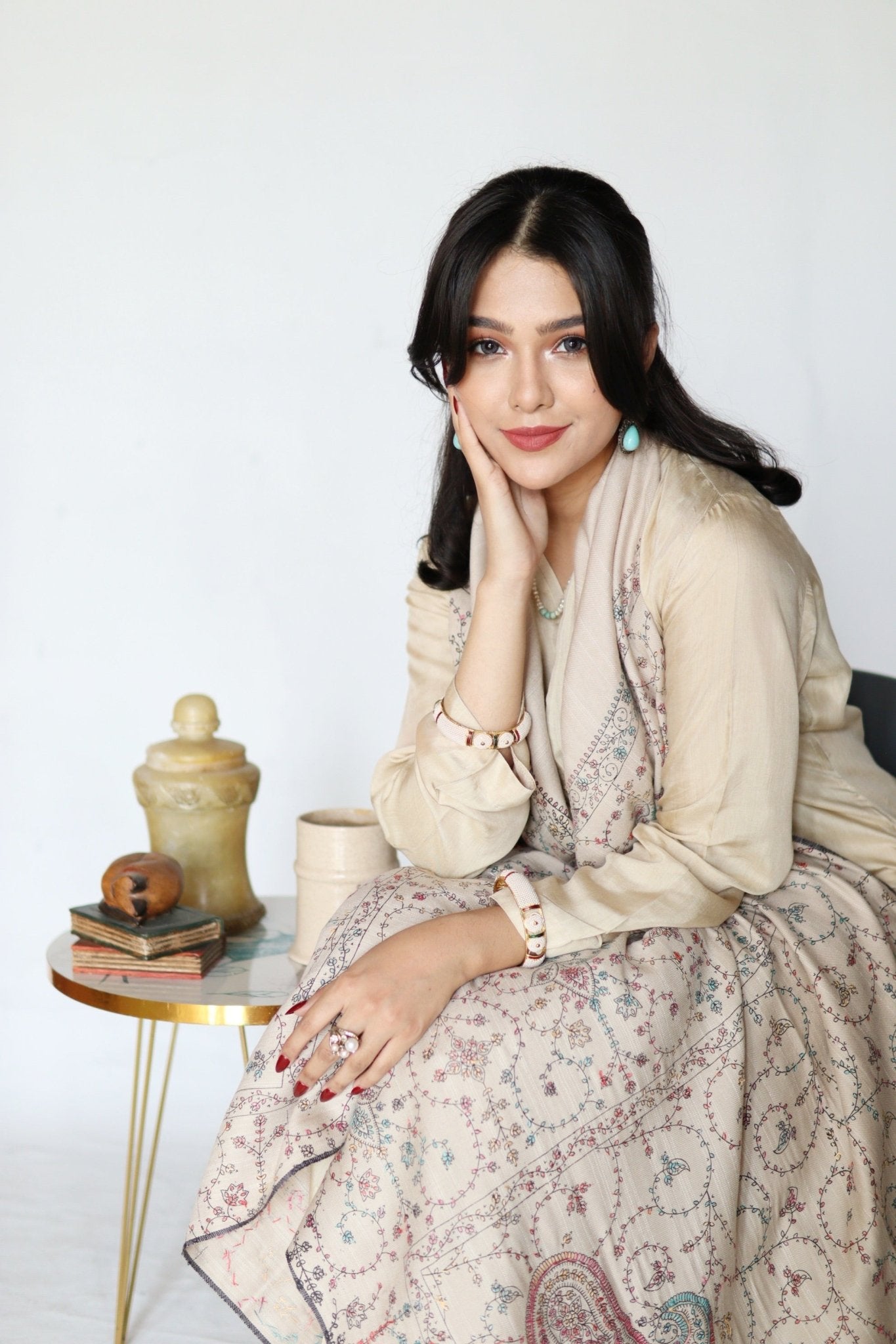 • Clothing: Embroidered/Printed suit for women - Made of best quality fabric - lawn or linen or chiffon - pure silk - Available at Najma Designs & Co. • Jewelry: Gold - plated stud earrings for