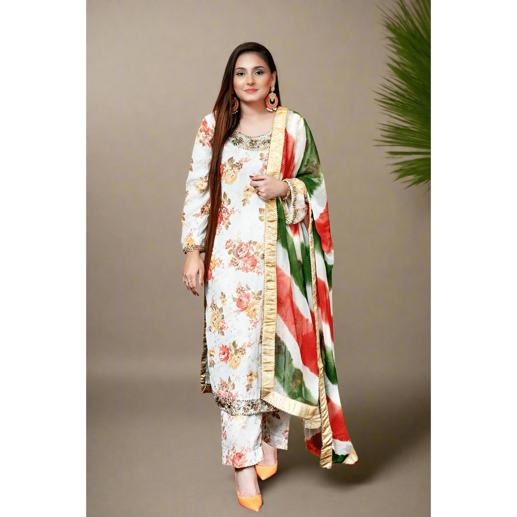 Chiffon Coral Three-Piece Suit Hand Embroidery with Dyed Dupatta 