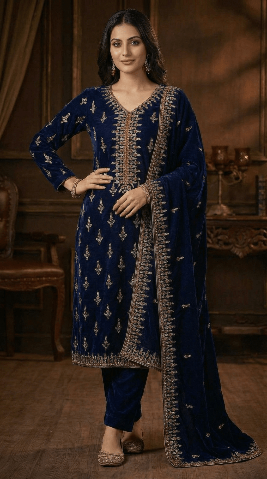 • Clothing: Embroidered/Printed suit for women - Made of best quality fabric - lawn or linen or chiffon - pure silk - Available at Najma Designs & Co. • Jewelry: Gold - plated stud earrings for